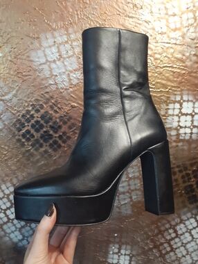 Zara Leather Black Platform Block Heel Ankle Boots - Women's
